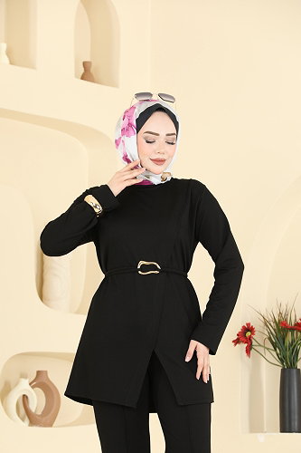moda selvim Kemer Detaylı Kristal Takım 2798AYD574 Siyah - Thumbnail