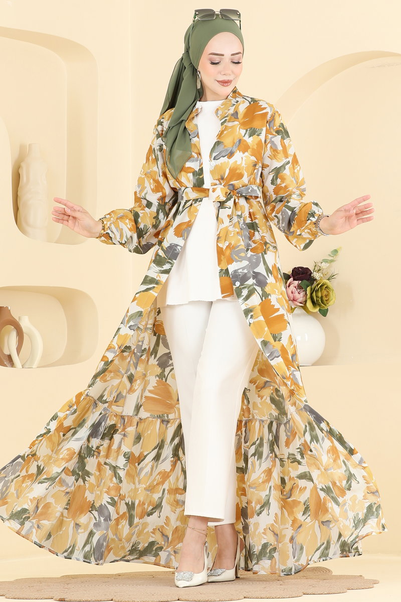 A.E.マルティ☆ファッションプレート『VOILA LE PRINTEMPS』 Kemer Detaylı Modal Elbise 158NZRK1200 Hardal - Moda Selvim
