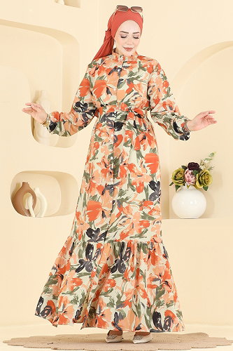moda selvim Kemer Detaylı Modal Elbise 158NZRK1200 Turuncu - Thumbnail