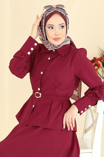 moda selvim Kemer Detaylı Modal Takım 2860SLK540 Bordo - Thumbnail
