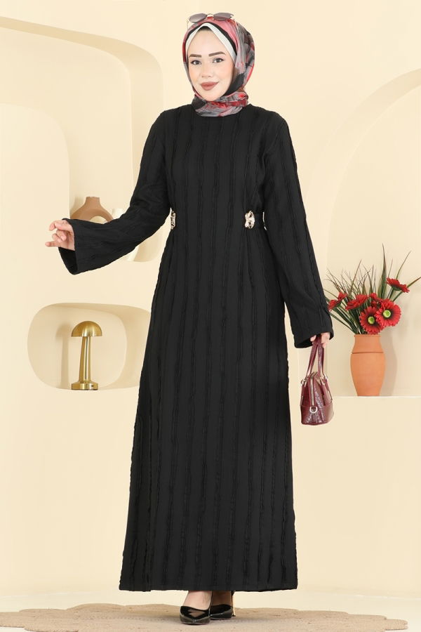 Modaselvim Elbise Kemer Detaylı Örme Elbise 2701TPK1167 Siyah