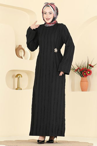 moda selvim Kemer Detaylı Örme Elbise 2701TPK1167 Siyah - Thumbnail