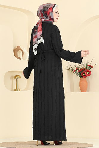 moda selvim Kemer Detaylı Örme Elbise 2701TPK1167 Siyah - Thumbnail