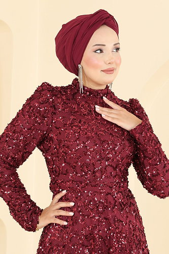 moda selvim Kemer Detaylı Pullu Abiye 1030YG95 Bordo - Thumbnail