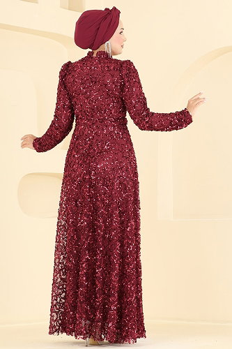 moda selvim Kemer Detaylı Pullu Abiye 1030YG95 Bordo - Thumbnail