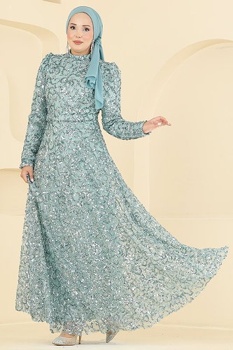 moda selvim Kemer Detaylı Pullu Abiye 1030YG95 Mint - Thumbnail