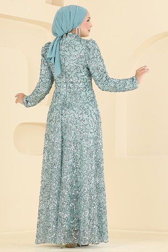 moda selvim Kemer Detaylı Pullu Abiye 1030YG95 Mint - Thumbnail