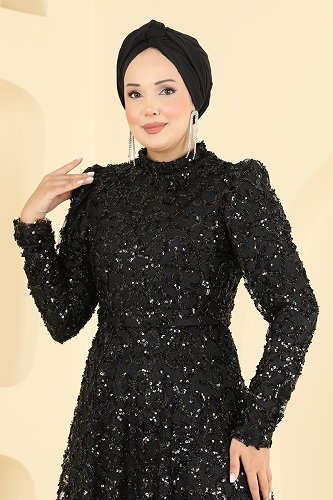 moda selvim Kemer Detaylı Pullu Abiye 1030YG95 Siyah - Thumbnail