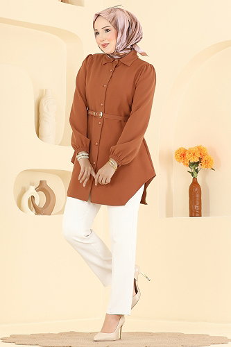 moda selvim Kemer Detaylı Şık Tunik 2902SLK540 Taba - Thumbnail