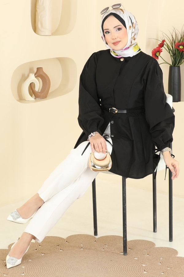 Modaselvim Bluz ve Gömlek Kemer Detaylı Şık Tunik 3087KTR750 Siyah