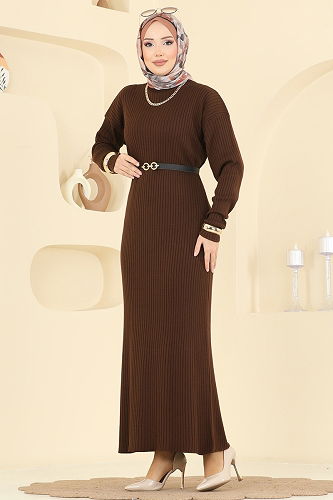 moda selvim Kemer Detaylı Triko Elbise 2761AYD574 Kahve - Thumbnail