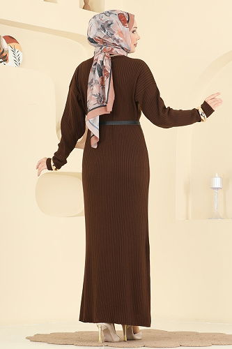 moda selvim Kemer Detaylı Triko Elbise 2761AYD574 Kahve - Thumbnail