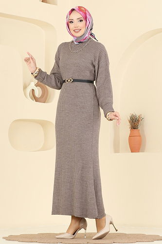 moda selvim Kemer Detaylı Triko Elbise 2761AYD574 Koyu Vizyon - Thumbnail