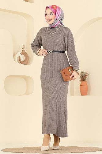 moda selvim Kemer Detaylı Triko Elbise 2761AYD574 Koyu Vizyon - Thumbnail