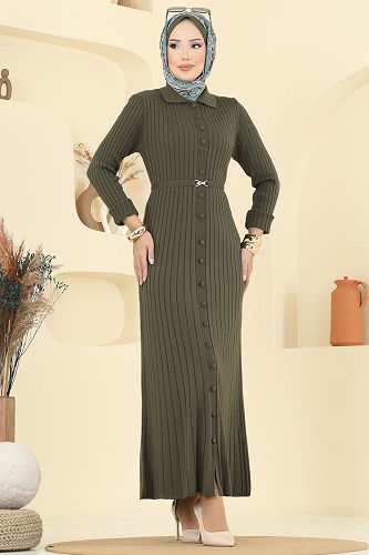 moda selvim Kemer Detaylı Triko Elbise 8361KL398 Haki - Thumbnail