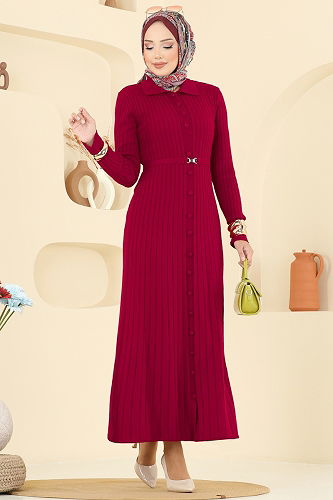 moda selvim Kemer Detaylı Triko Elbise 8361KL398 Kırmızı - Thumbnail