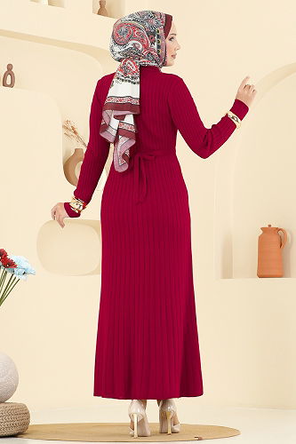 moda selvim Kemer Detaylı Triko Elbise 8361KL398 Kırmızı - Thumbnail