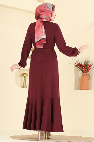 moda selvim Kemer Detaylı Uzun Elbise 24032UKB139 Bordo - Thumbnail