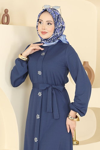 moda selvim Kemer Detaylı Uzun Elbise 24032UKB139 İndigo - Thumbnail