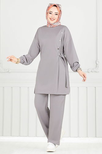 moda selvim Kemeri Bağcıklı Tesettür Takım 2708AYD574 Gri - Thumbnail