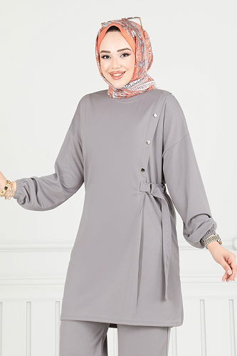 moda selvim Kemeri Bağcıklı Tesettür Takım 2708AYD574 Gri - Thumbnail