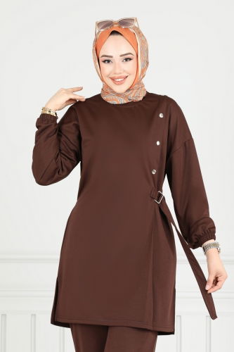 moda selvim Kemeri Bağcıklı Tesettür Takım 2708AYD574 Kahve - Thumbnail