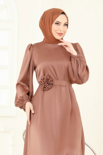moda selvim Kemeri Güllü Saten Abiye 5674EDF311 Açık Kahve - Thumbnail