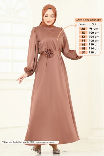 moda selvim Kemeri Güllü Saten Abiye 5674EDF311 Açık Kahve - Thumbnail