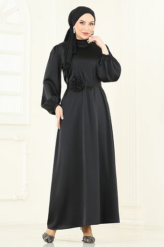 moda selvim Kemeri Güllü Saten Abiye 5674EDF311 Siyah - Thumbnail