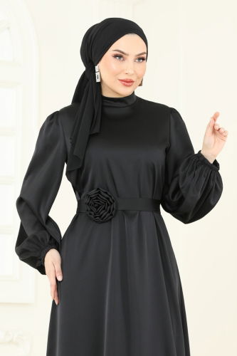 moda selvim Kemeri Güllü Saten Abiye 5674EDF311 Siyah - Thumbnail