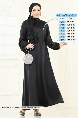 moda selvim Kemeri Güllü Saten Abiye 5674EDF311 Siyah - Thumbnail