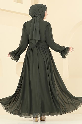 moda selvim Kemeri İnci Detaylı Abiye 5706EDF311 Haki - Thumbnail