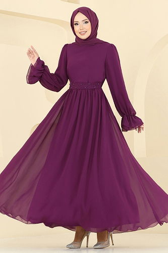 moda selvim Kemeri İnci Detaylı Abiye 5706EDF311 Mürdüm - Thumbnail