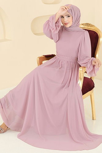 moda selvim Kemeri İnci Detaylı Abiye 5706EDF311 Pudra - Thumbnail