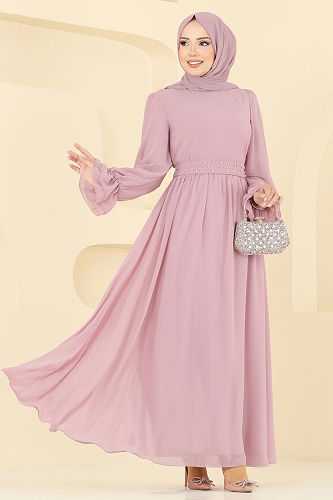 moda selvim Kemeri İnci Detaylı Abiye 5706EDF311 Pudra - Thumbnail