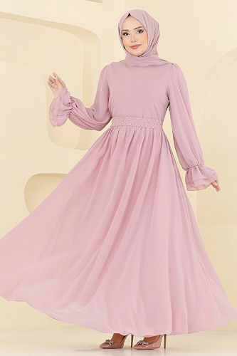 moda selvim Kemeri İnci Detaylı Abiye 5706EDF311 Pudra - Thumbnail