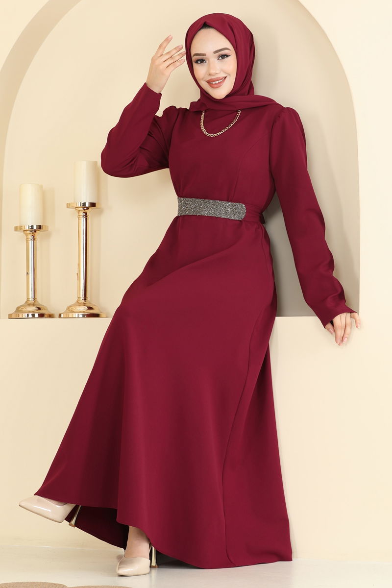 Kemeri Işıltılı Dabıl Elbise 2788SL432 Bordo