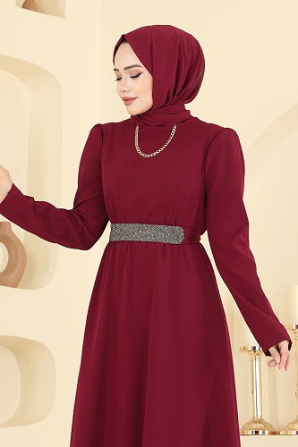 moda selvim Kemeri Işıltılı Dabıl Elbise 2788SL432 Bordo - Thumbnail