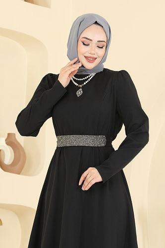 moda selvim Kemeri Işıltılı Dabıl Elbise 2788SL432 Siyah - Thumbnail