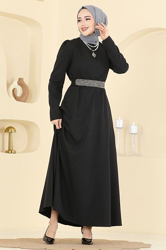 moda selvim Kemeri Işıltılı Dabıl Elbise 2788SL432 Siyah - Thumbnail