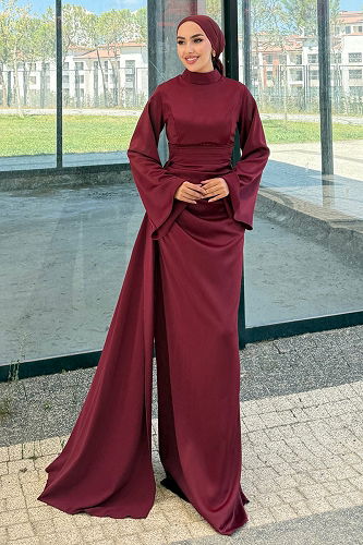 moda selvim Kemeri Pelerinli Saten Abiye 4623ALG474 Bordo - Thumbnail