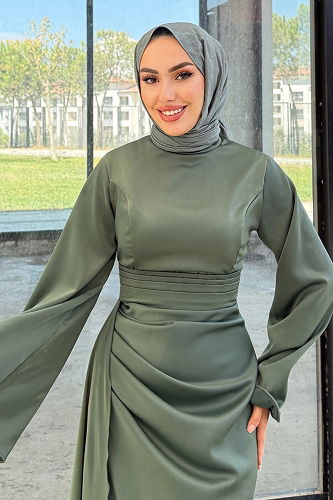 moda selvim Kemeri Pelerinli Saten Abiye 4623ALG474 Haki - Thumbnail