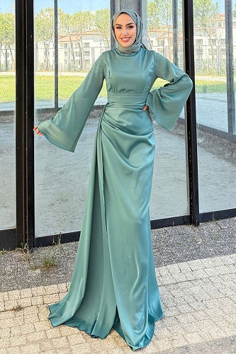 moda selvim Kemeri Pelerinli Saten Abiye 4623ALG474 Mint - Thumbnail