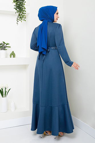 moda selvim Kemeri Taş Detaylı Elbise 4445KTR927-M İndigo - Thumbnail