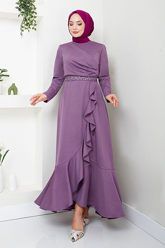 moda selvim Kemeri Taş Detaylı Elbise 4445KTR927-M Lila - Thumbnail