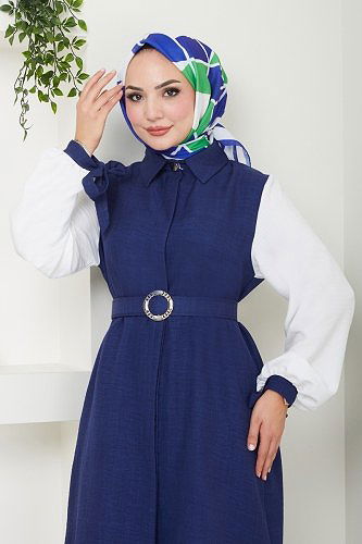 moda selvim Kemeri Taş Detaylı Keten İkili Takım 262DVL817 Laci&Ekru - Thumbnail