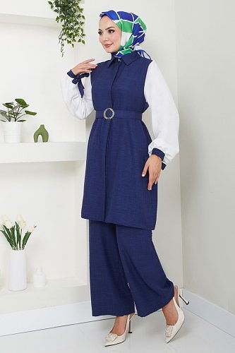 moda selvim Kemeri Taş Detaylı Keten İkili Takım 262DVL817 Laci&Ekru - Thumbnail