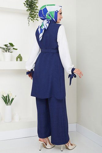 moda selvim Kemeri Taş Detaylı Keten İkili Takım 262DVL817 Laci&Ekru - Thumbnail