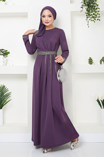 moda selvim Kemeri Taş İşlemeli Abiye 5029SL890-M Koyu Lila - Thumbnail