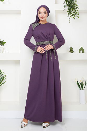 moda selvim Kemeri Taş İşlemeli Abiye 5029SL890-M Koyu Lila - Thumbnail